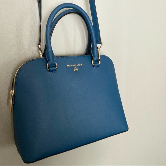 MICHAEL KORS Cindy Large Dome Crossgrain Blue Chambray Leather Satchel Purse Bag - Picture 5 of 14